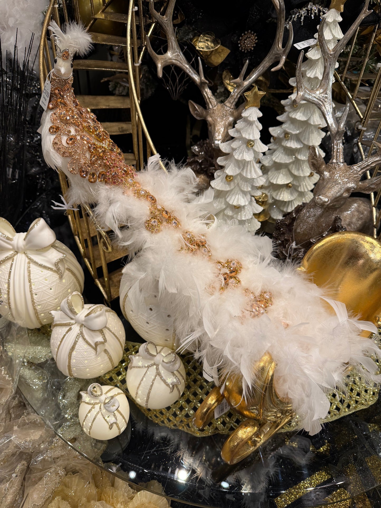 Blinged Peacock, Rose Gold on White