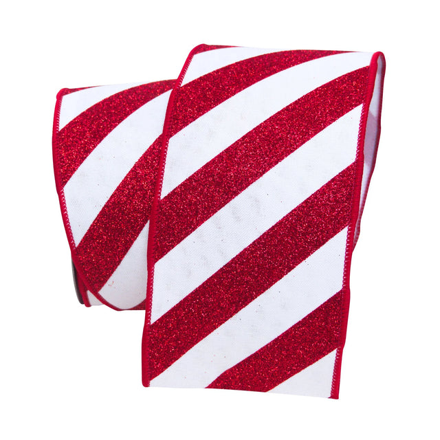 Red glitter candy stripes ribbon with a sparkling finish.
