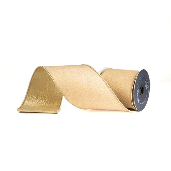 Gold glitter ribbon with glitter scattered across a wide gold ribbon.