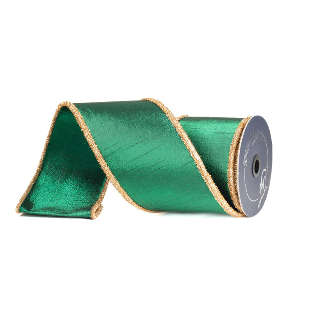 Emerald tinsel borders ribbon with a metallic finish.
