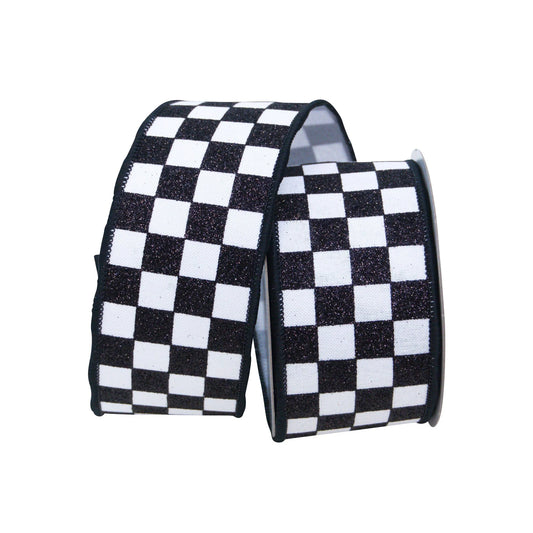 2.5”x10Y Black & White Glitter Checks Ribbon
