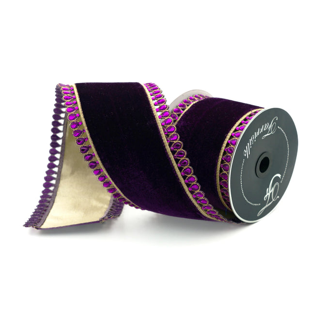 Purple jeweled ribbon with jeweled plume patterning on a wide wired ribbon.