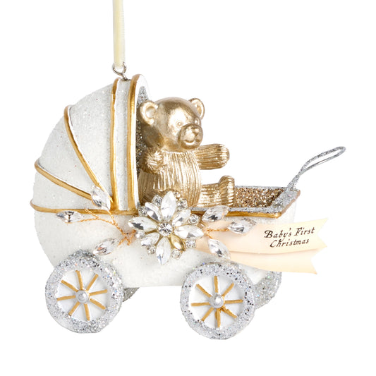Glitter pram ornament for a baby's first Christmas.