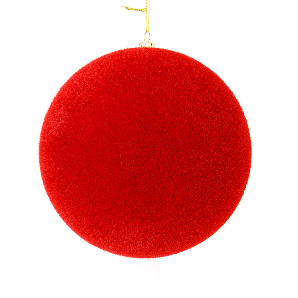 Red flocked ornament with a soft frosted finish.