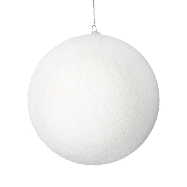 White flocked ball ornament with a soft velvety finish.