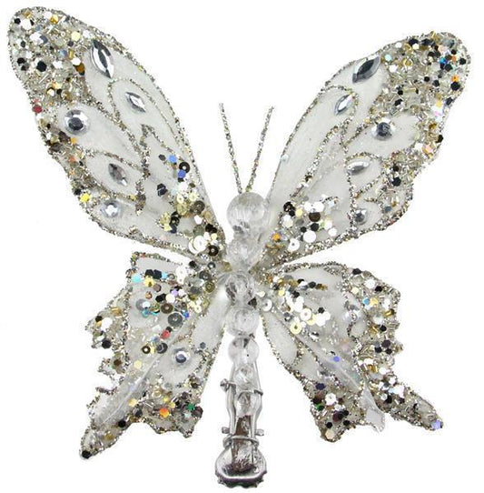 7" White Butterfly w/ Clip Bead Glitter