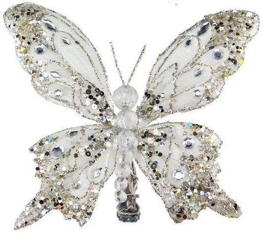 8.5" White Butterfly w/ Clip Glitter Fabric