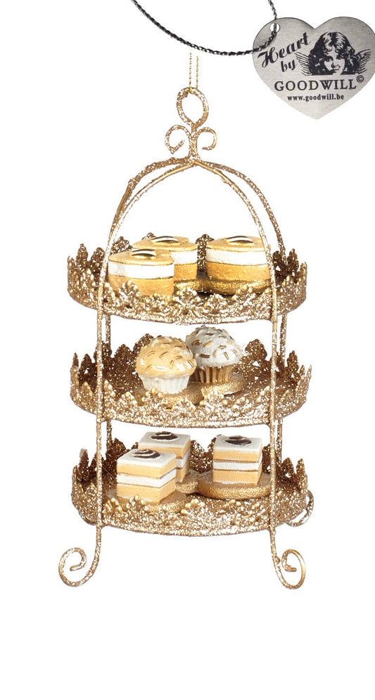Gold glitter cake stand ornament with an arched frame display.