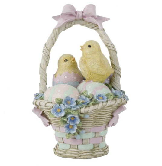 Pastel Easter basket centerpiece with chicks and eggs.