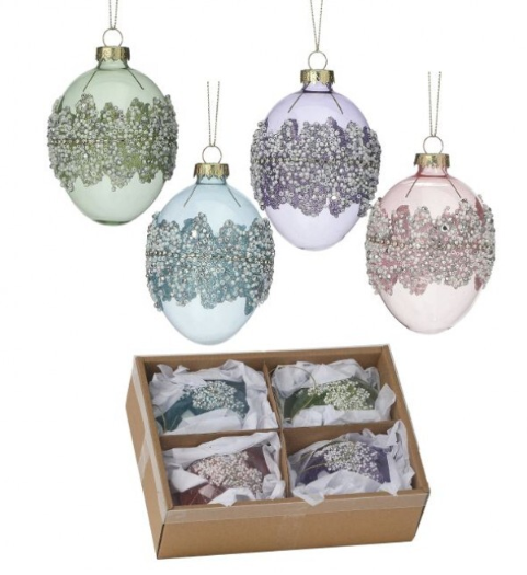 Box/4 3.5" Beaded Egg Glass Ornaments