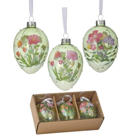 Box/3 4" Floral Egg Green Glass Ornament