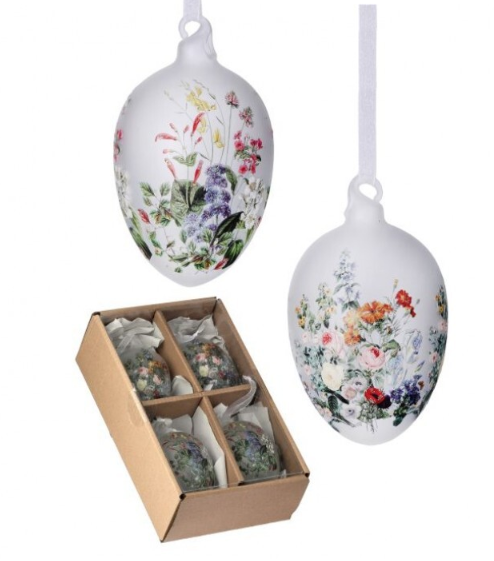 Box/4 4" Frosted Floral Egg Glass Ornament