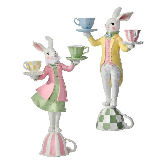 Set/2 16 inch Candleholder Teacup Bunnies