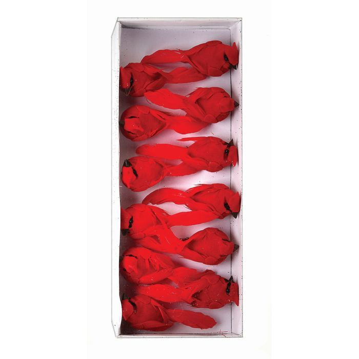 Red cardinal clip ornaments in a boxed set of twelve.