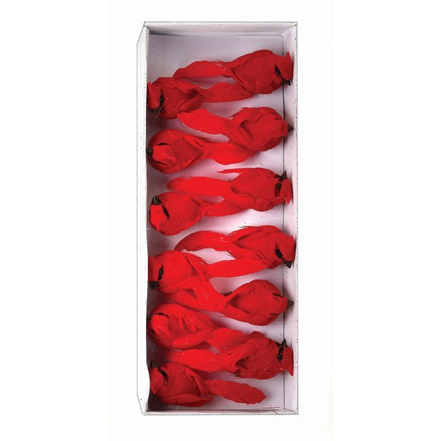 Red cardinal clip ornaments in a boxed set of twelve.