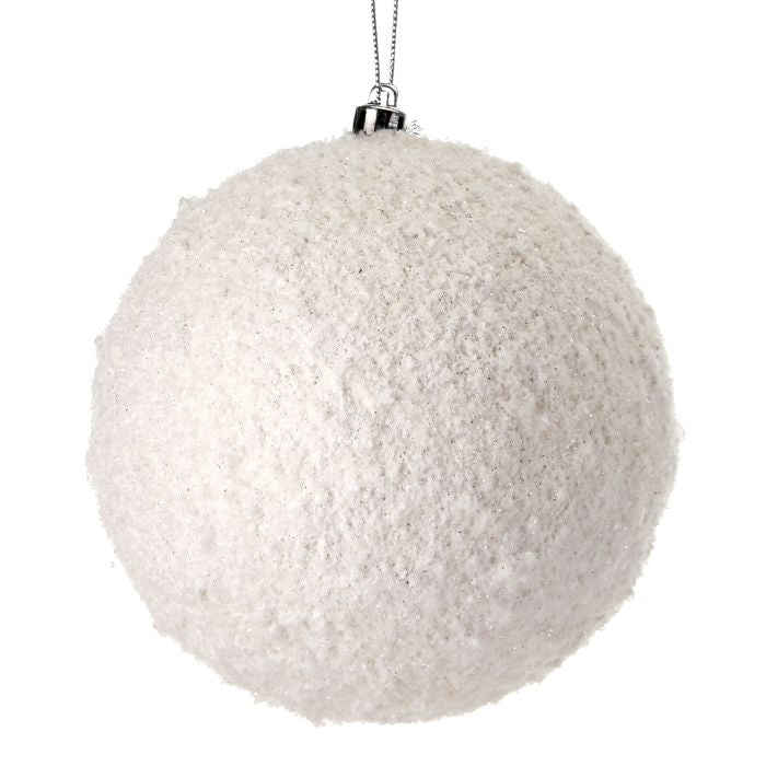 Frosted snowball ornament with a textured snowy surface.
