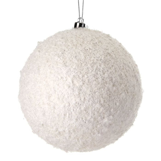 Frosted snowball ornament with a textured snowy surface.