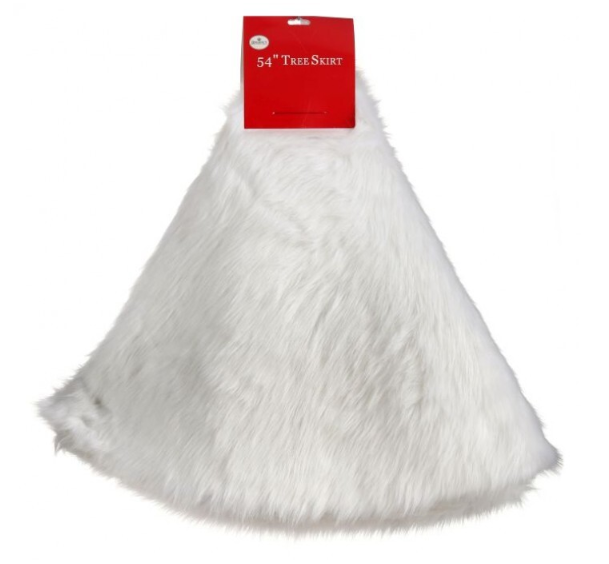 White fur tree skirt with a plush finish.