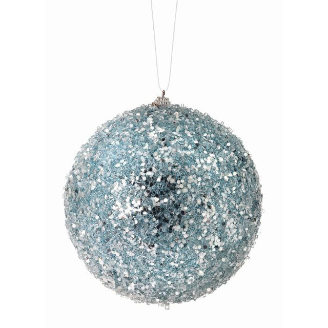 Blue iced ball ornament with a frosted icy finish.