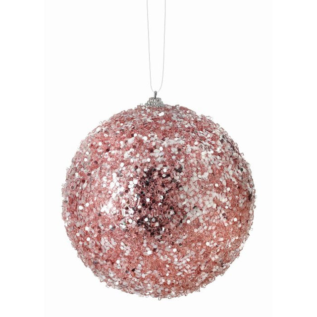 Pink iced ball ornament with a frosted finish.