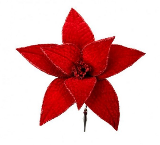9" Red Velvet Poinsettia Clip Glitter Edge