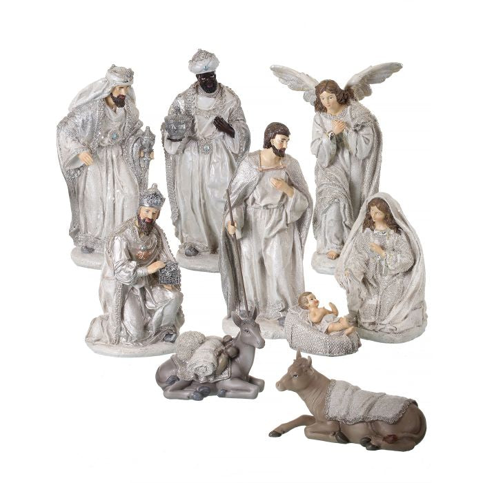 Set/9 4-10 inch Nativity Bejeweled Ivory Silver
