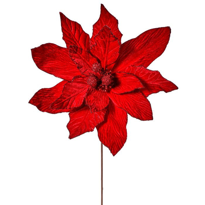Red velvet poinsettia stem with plush petals.