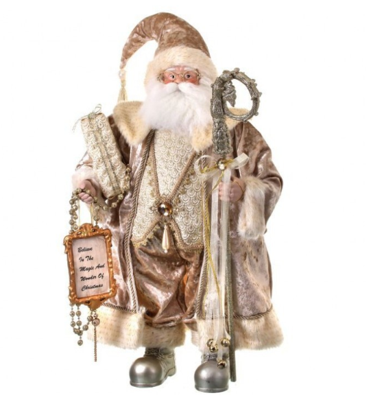 Champagne gold vintage Santa figurine with plaque and staff.