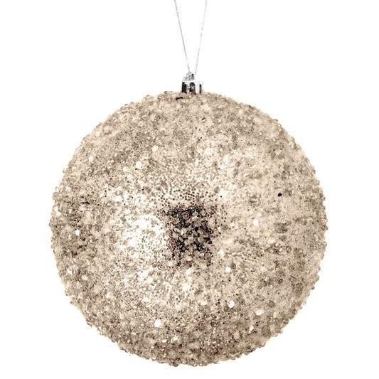 Champagne iced ball ornament with a frosted finish.