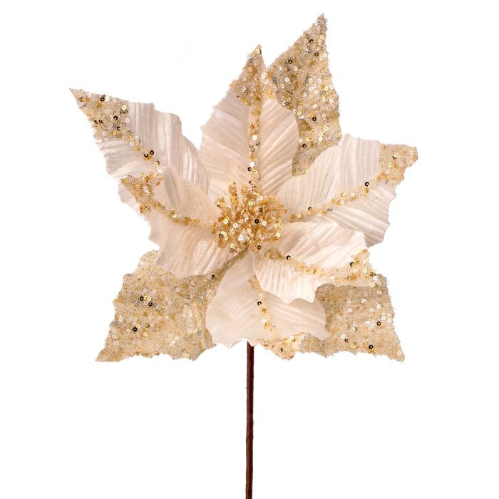 24 inch Velvet Ivory Gold Sequin Poinsettia Stem