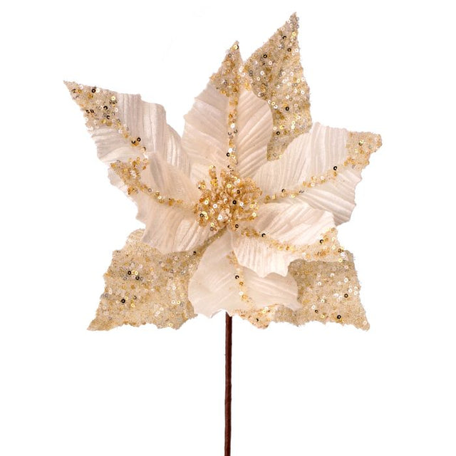 Ivory and gold sequin poinsettia stem with velvet petals.