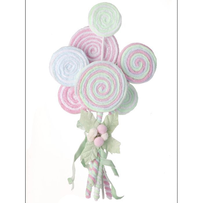 Frosted pastel lollipop bundle ornament with candy swirls.
