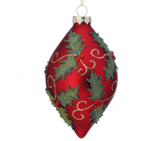 5" Holly Applique Finial Glass Ornament