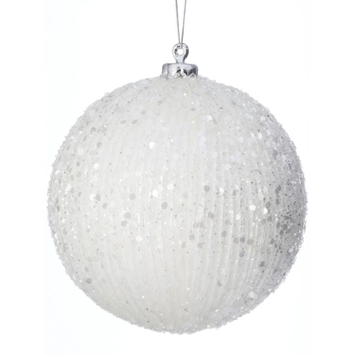 5 inch White Ridged Ball Ornament
