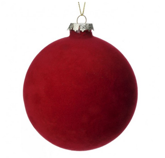 4" Red Flocked Glass Ball Ornament