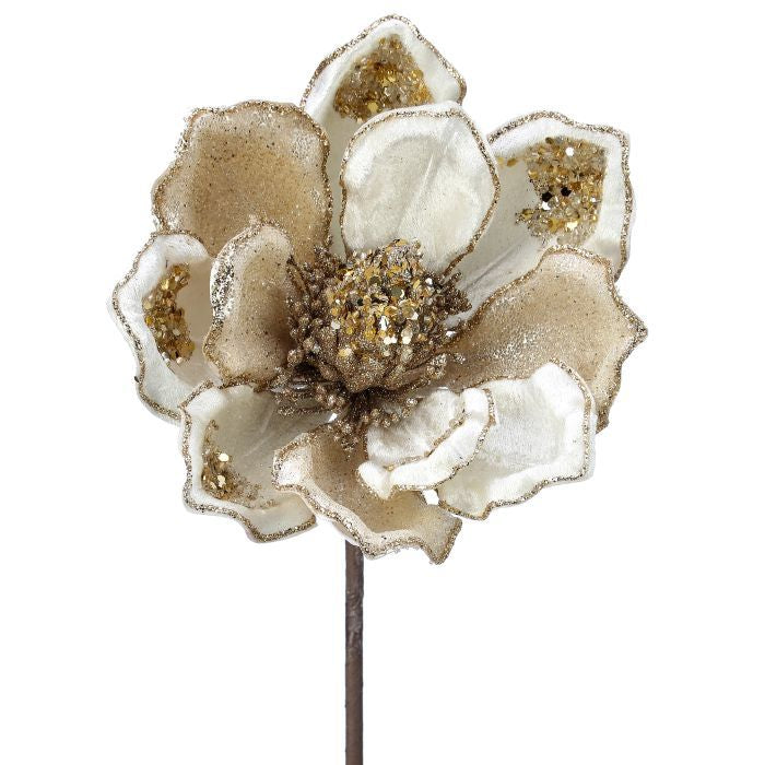 18 inch Jeweled Magnolia Stem Ivory Gold