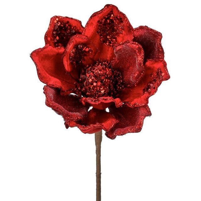 18 inch Red Magnolia Stem Heavy Jeweled