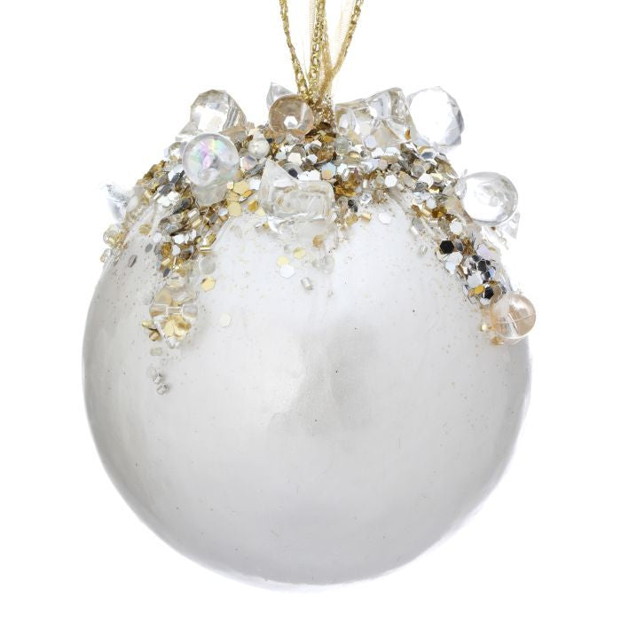 4 inch Jeweled Ivory Gold Ball Ornament
