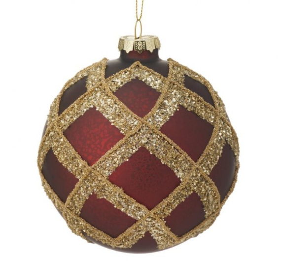 Gilded cranberry glass ball ornament in deep red and gold.