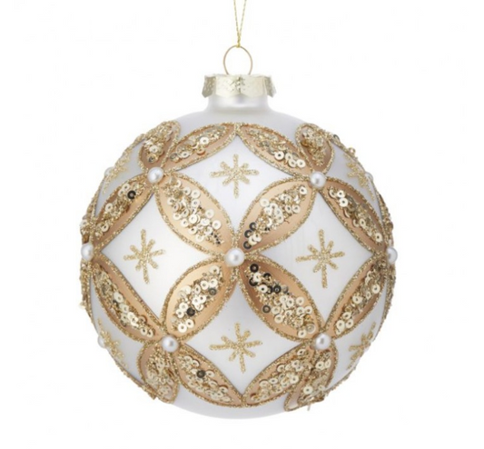4" Royal Sequin Ivory Gold Ball Ornament