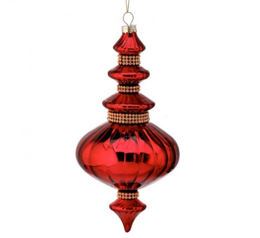 9" Finial Red w/ Diamond Band Glass Ornament