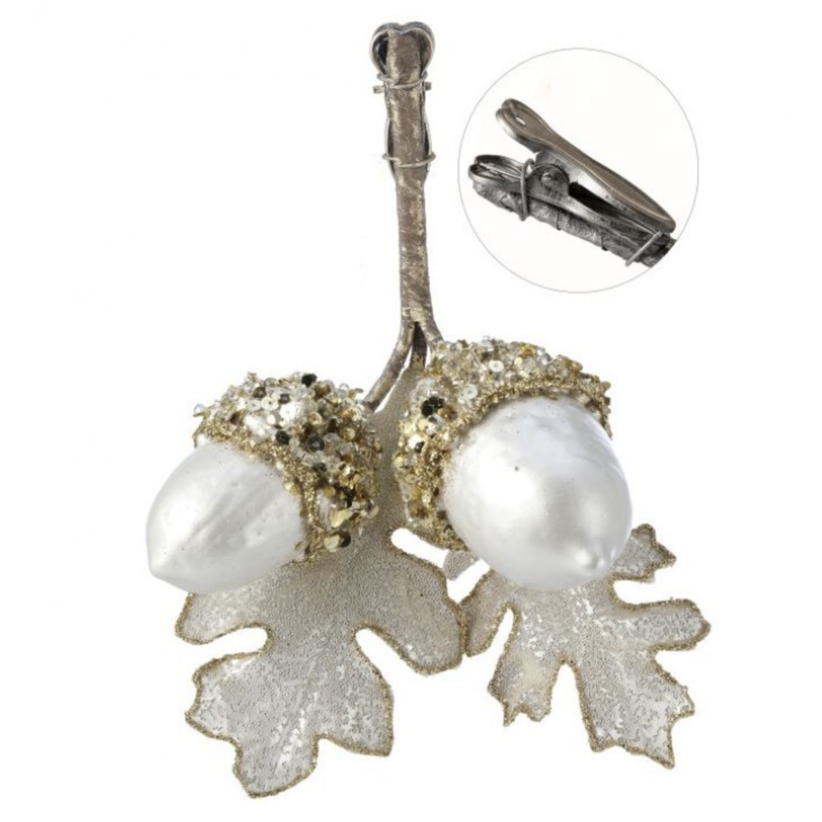7” Acorn Clip Ivory Gold Glitter