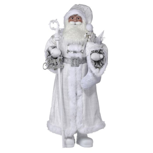 White Santa figurine holding a staff and stocking, with silver trim.
