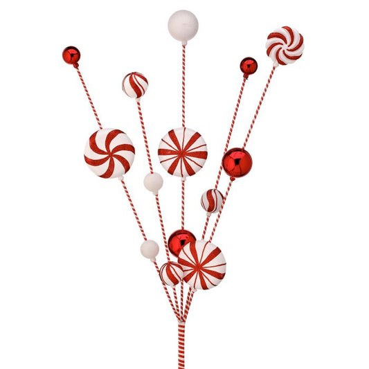Red and white peppermint ball spray with striped balls.