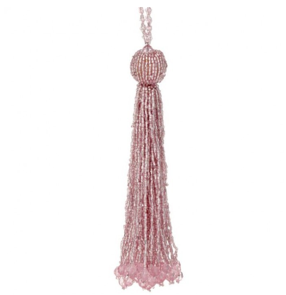 Pink beaded tassel ornament with a long swing.