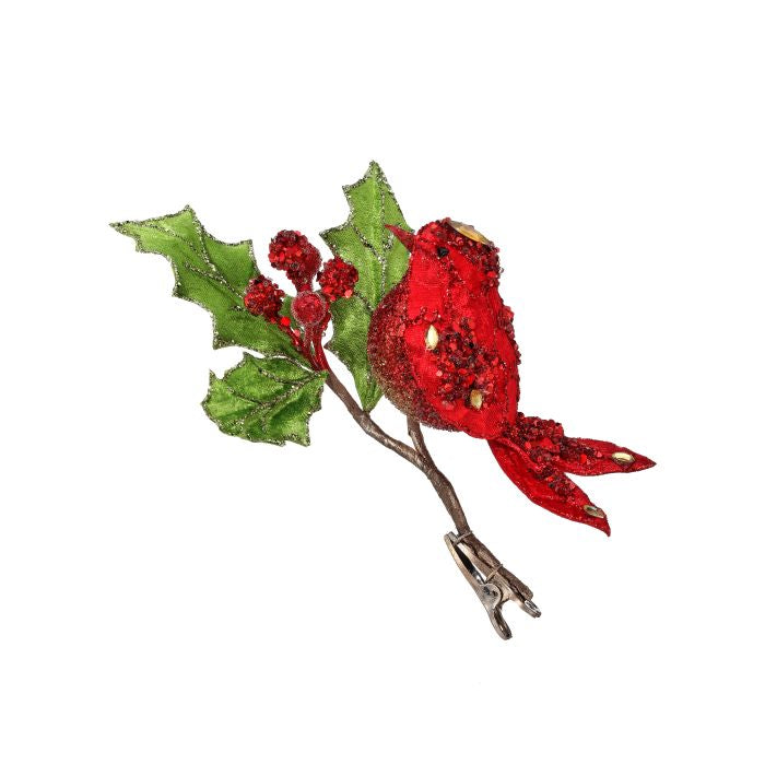 5 inch Red Bird Holly Gem Clip Ornament