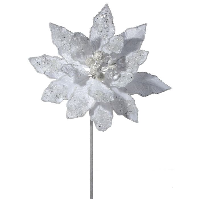 24 inch Jewel Iced White Poinsettia Stem