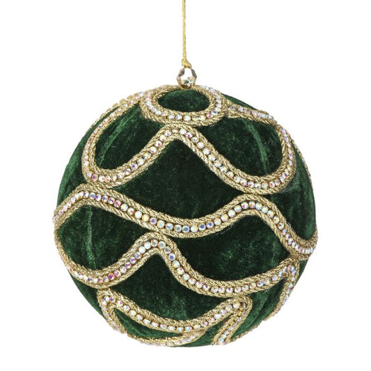 Emerald velvet ball ornament with jeweled detail.