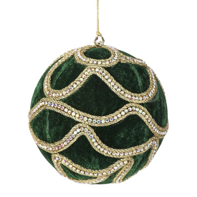 Emerald velvet ball ornament with jeweled detail.
