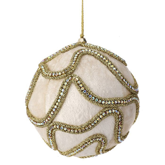 Ivory velvet ball ornament with jeweled detail.